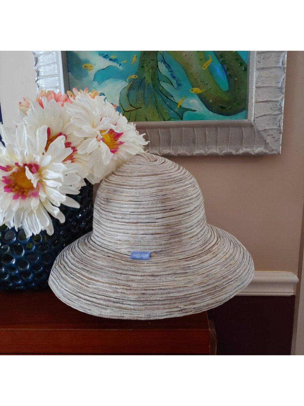 Wallaroo Packable Sun Hat Neutral Braid Stripe Travel Beach Resort Hamptons